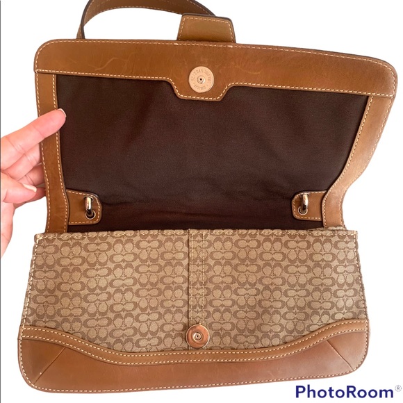 COACH Mini Signature 7075 Beige Leather Canvas Flap Shoulder Bag Authentic - Picture 13 of 16